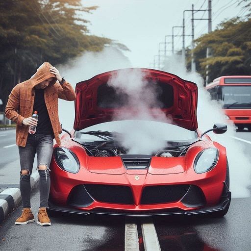 A man is standing next to a red sports car with the hood open