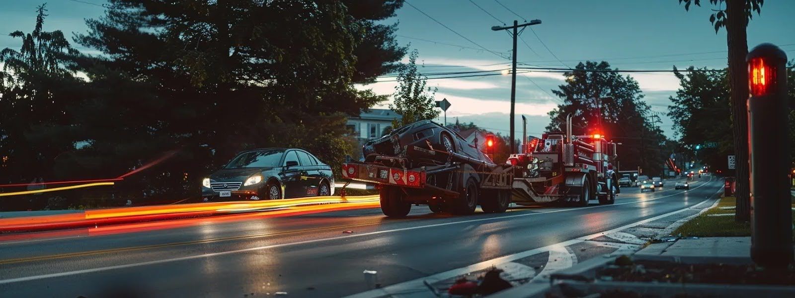 A fire truck is driving down a city street at night.