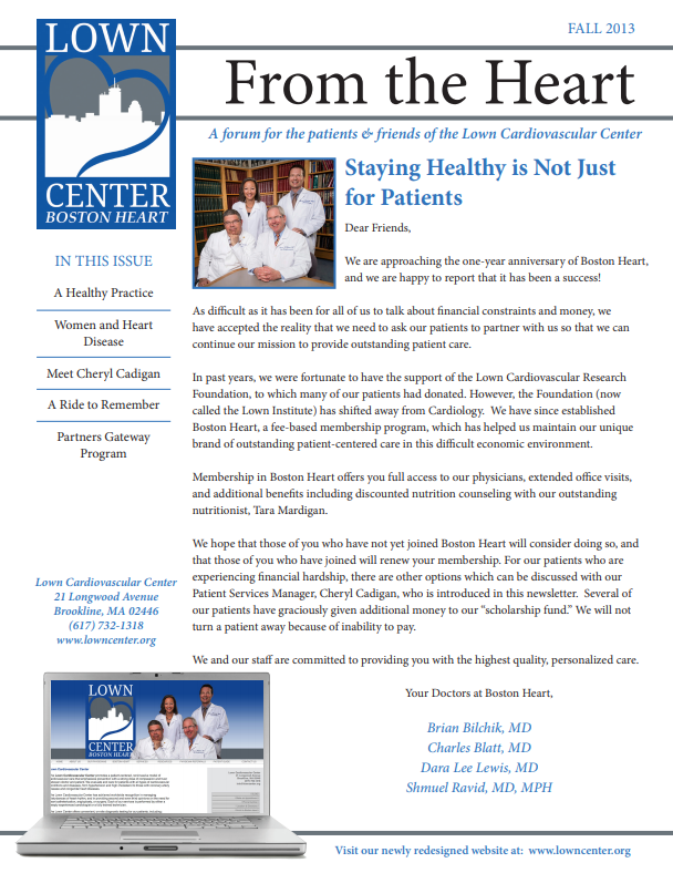 A brochure for the lown center for heart shows a group of doctors.