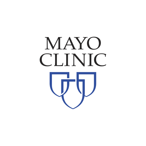 A logo for mayo clinic with a blue shield on a white background