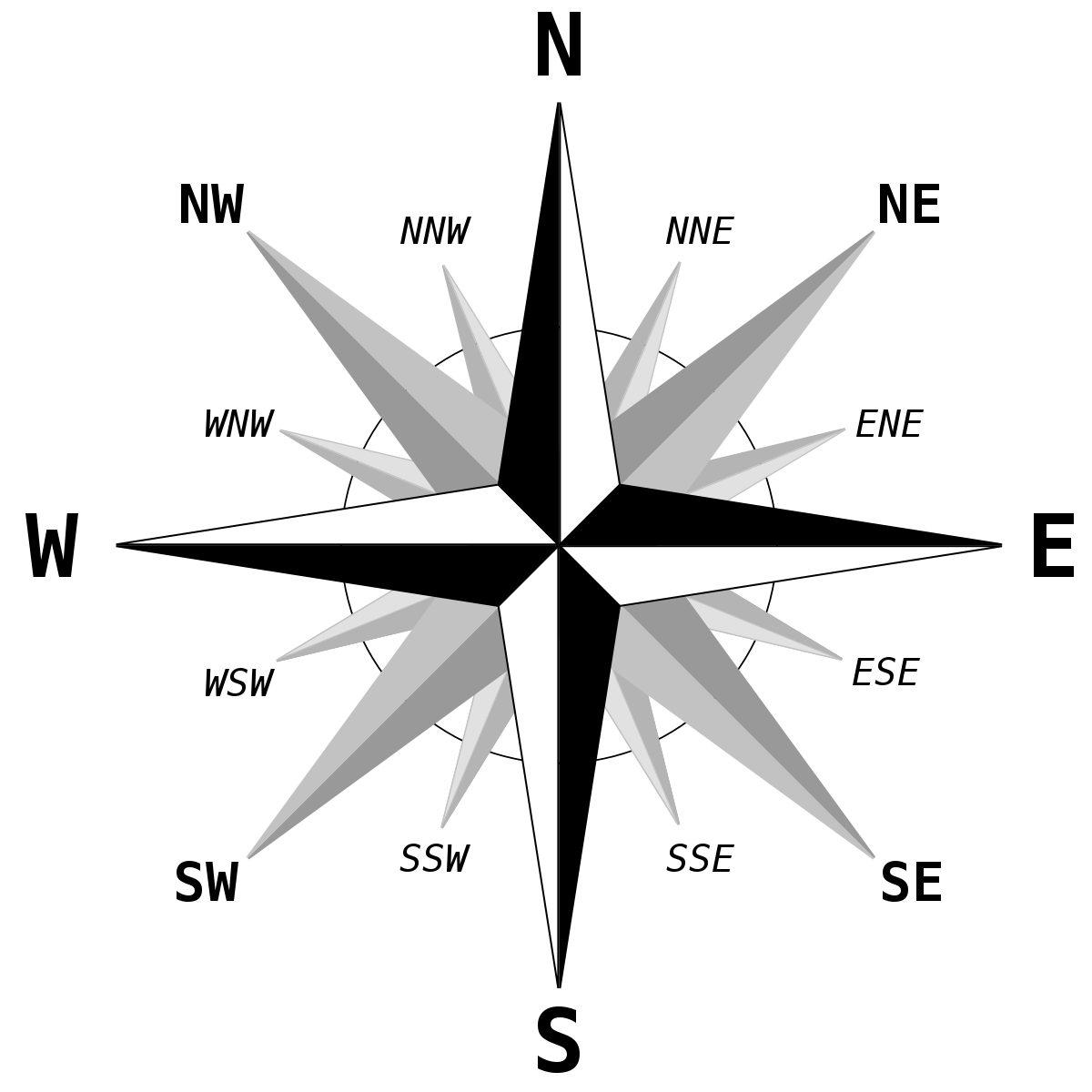 A black and white compass pointing to the north and south