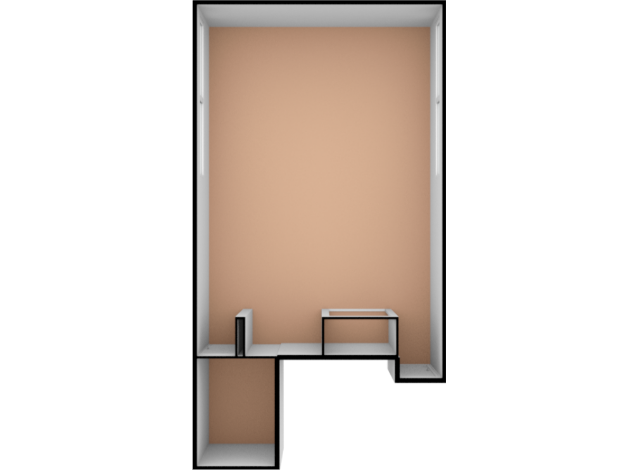 Top-down 2D floor plan of an L-shaped room with light brown flooring and white wall outlines.