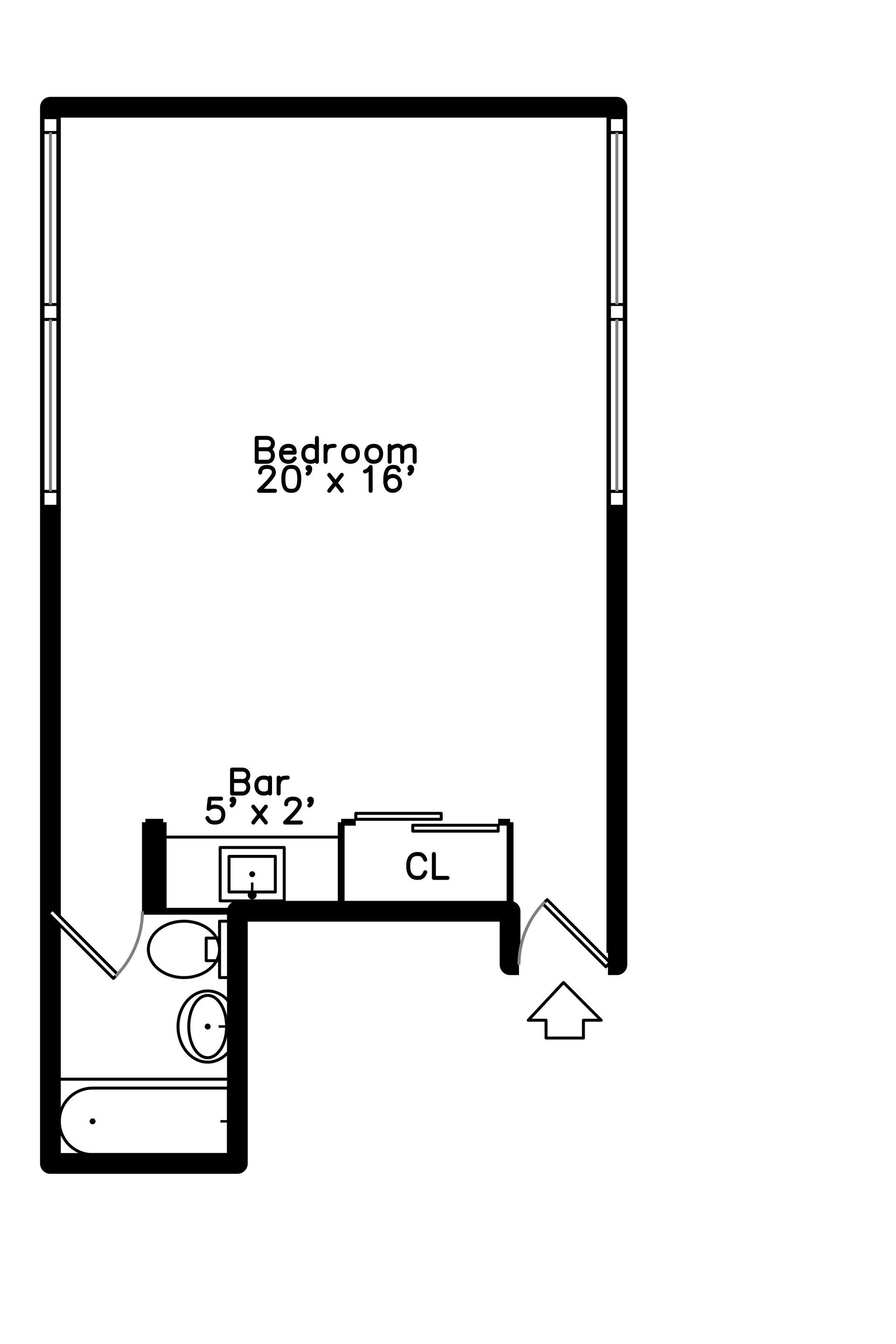 Floor plan of a bedroom with a bathroom, bar area, and closet, with an entrance shown by an arrow.