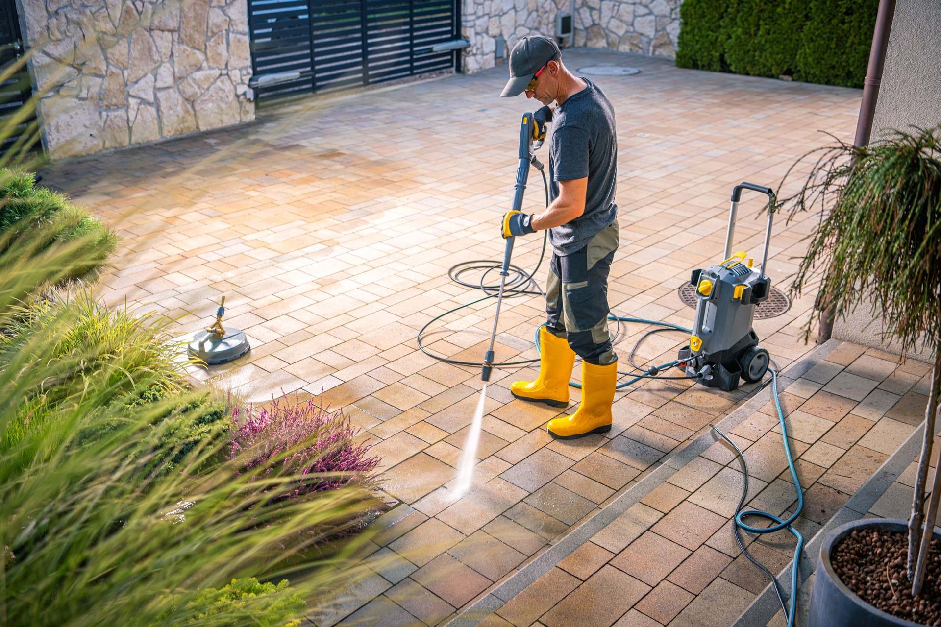 Man in yellow boots power washing a brick patio with a pressure washer.