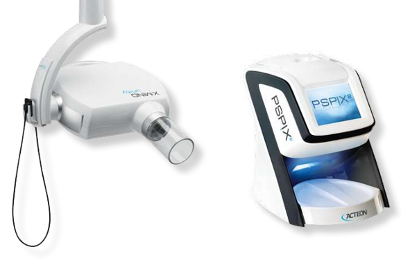 Dental X-ray machine with arm (left) and digital plate reader (right). White and blue, used in a dental office.