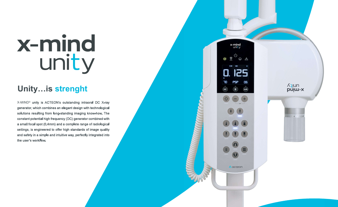 X-Mind Unity dental X-ray machine with a digital display and control panel; white and blue design.