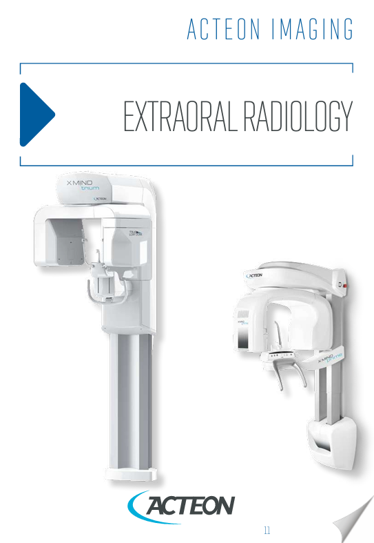 ACTEON Imaging brochure featuring extraoral radiology equipment, white background, blue accents.