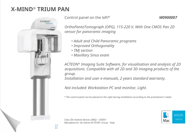 X-Mind Trium Pan dental X-ray machine with text describing its features, including panoramic imaging and software.