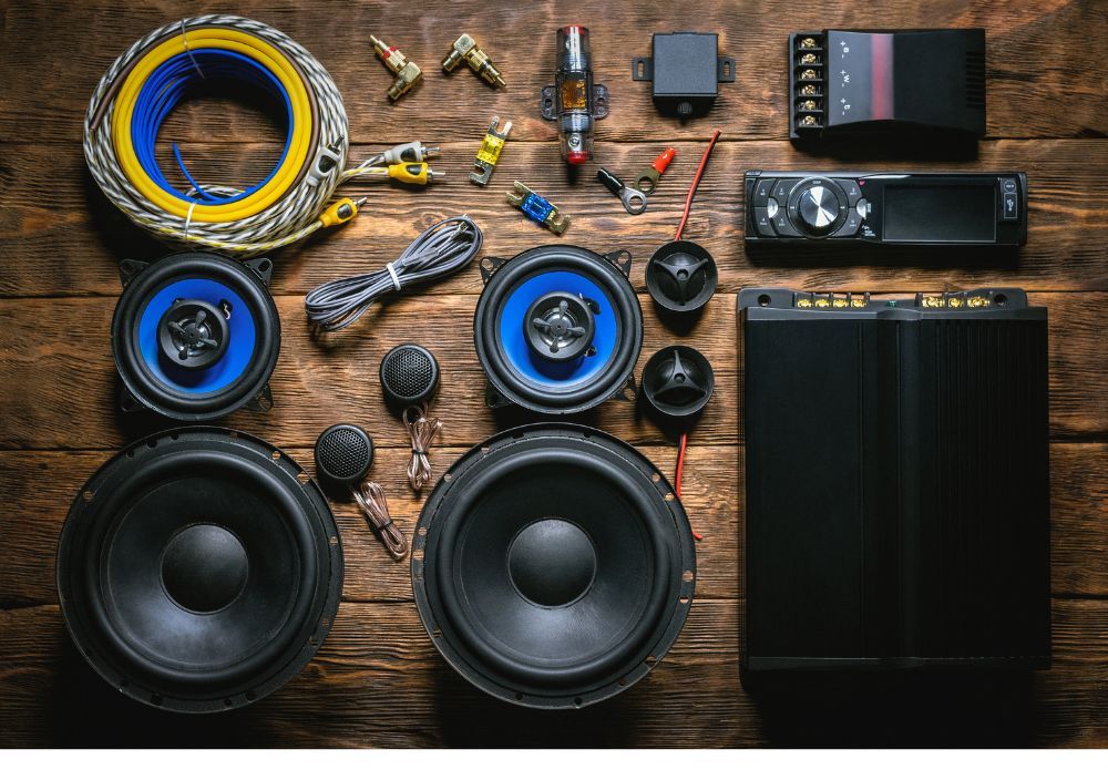 car audio components laid out at our workshop in Reading