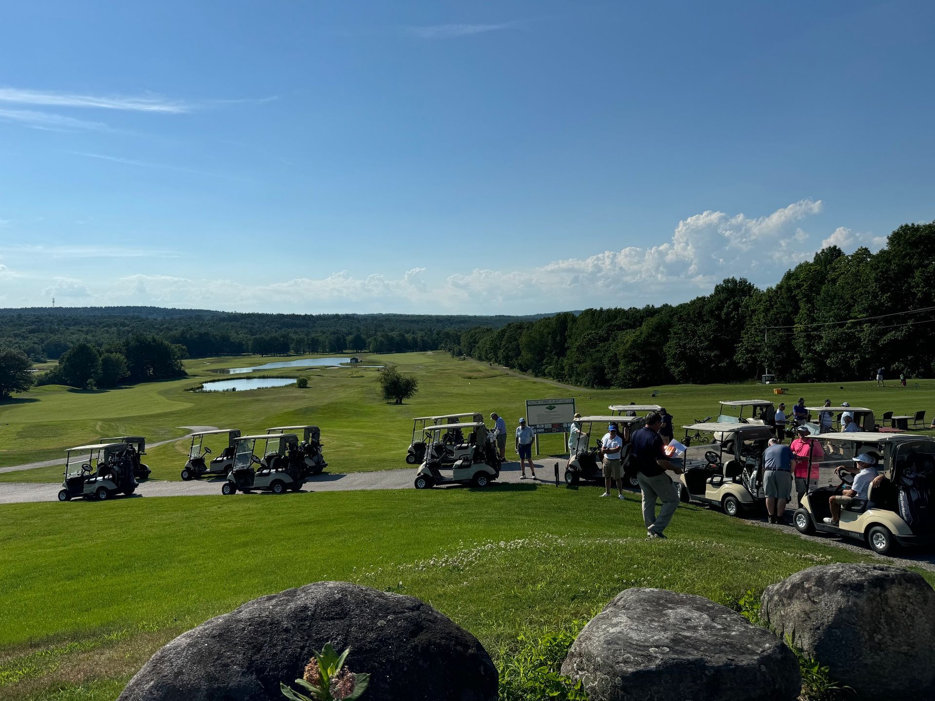 A group of golf carts are parked on the side of a golf course.
