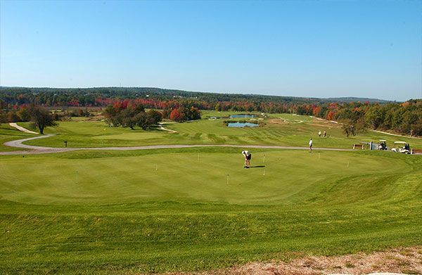 A man is playing golf on a golf course on a sunny day.