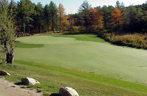 A golf course with trees in the background and rocks in the foreground