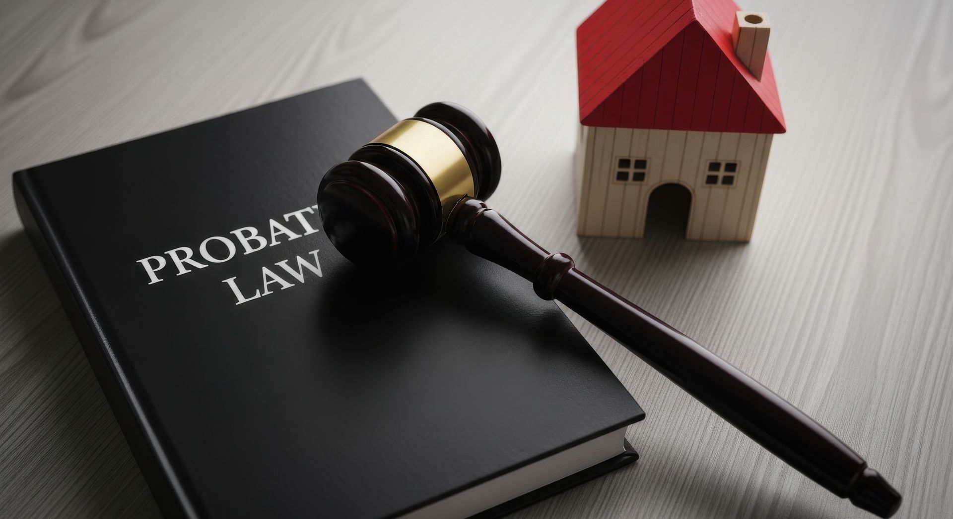 Gavel on a probate law book next to a model house, illustrating property legal matters.
