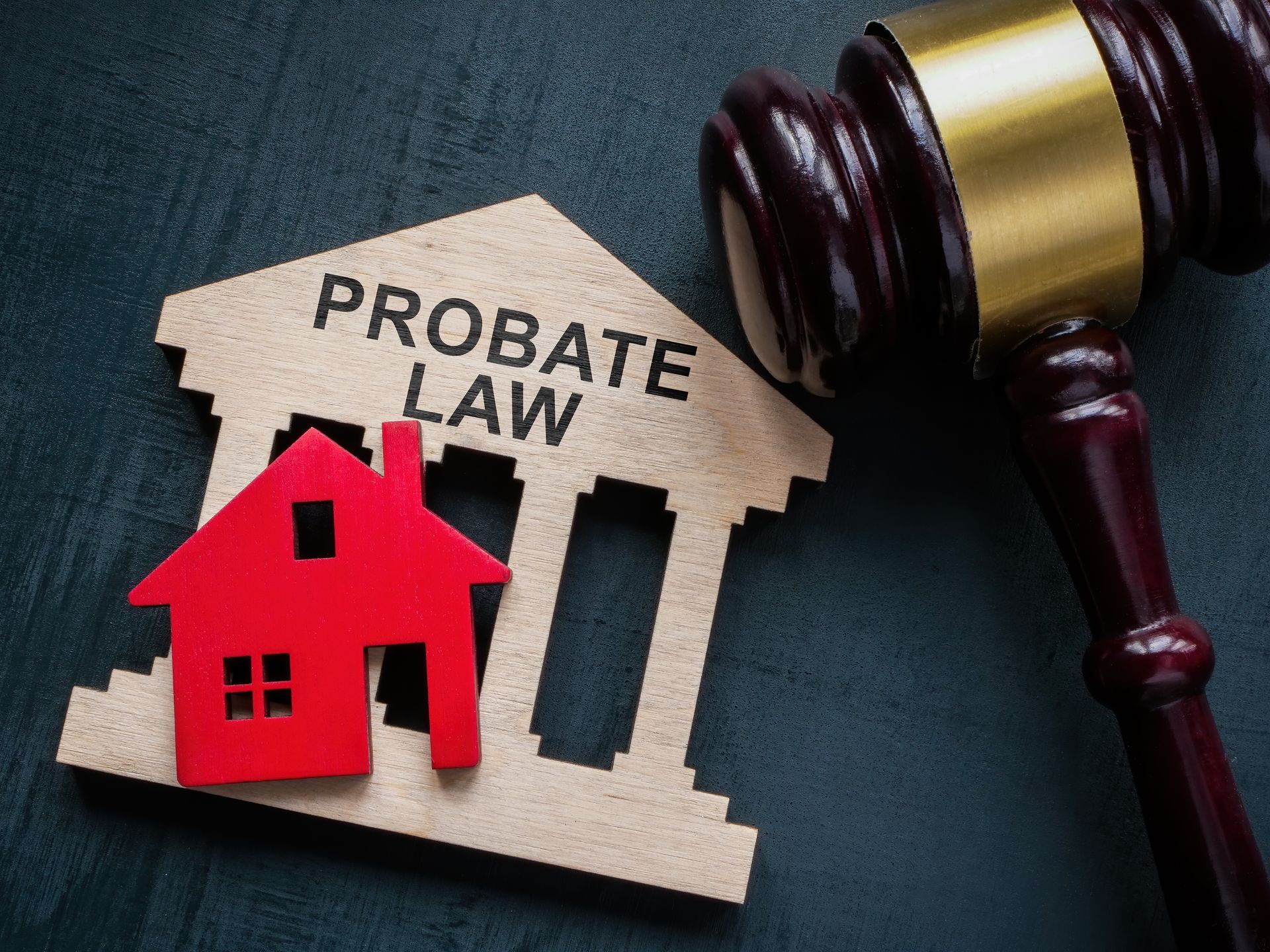 Probate law concept showing judge’s gavel, estate property icon, and legal framework.
