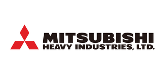 Het logo van Mitsubishi Heavy Industries, Ltd. met een rood embleem met drie 