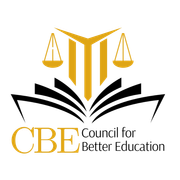 A logo for the council for better education with a book and scales of justice.