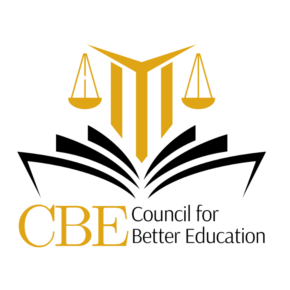 a logo for the council for better education with a book and scales of justice .
