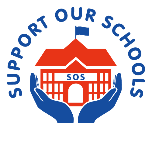 A logo that says support our schools with two hands holding a school building.