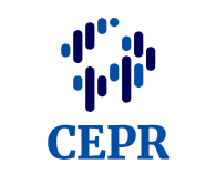 A blue and white logo with the word cepr on it