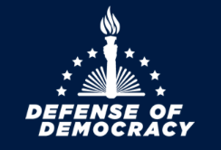 A logo for the defense of democracy with a torch and stars
