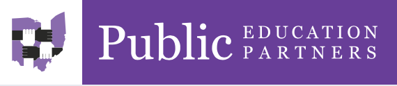 A purple and white logo for public education partners