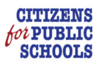 A blue and red logo for citizens for public schools