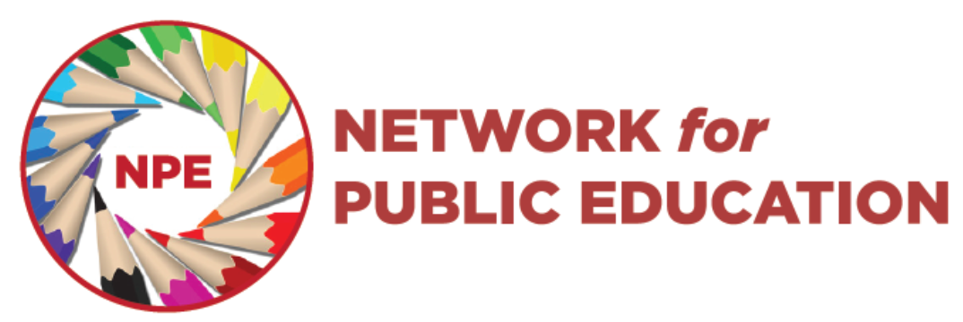 A logo for the network for public education with colored pencils in a circle.