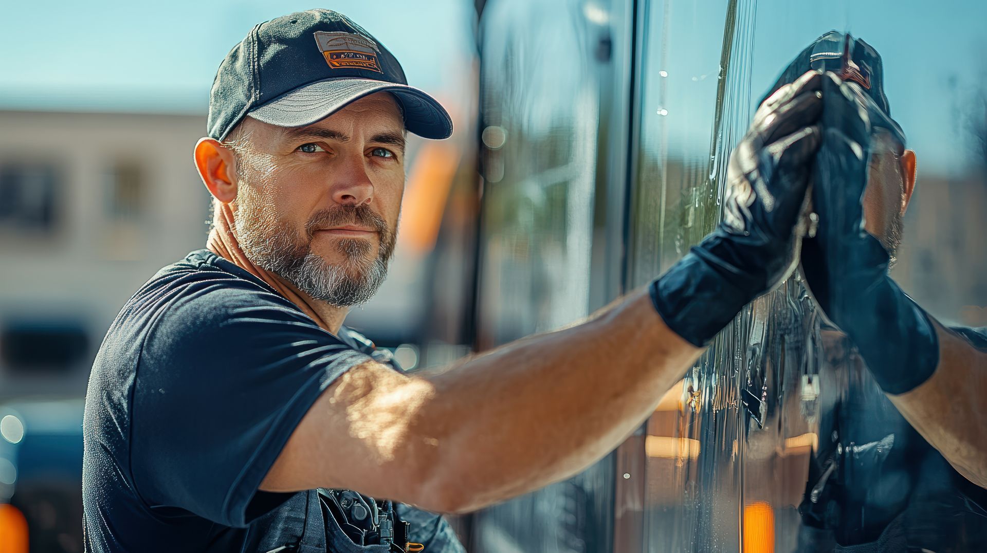 A man is cleaning a window with a towel.