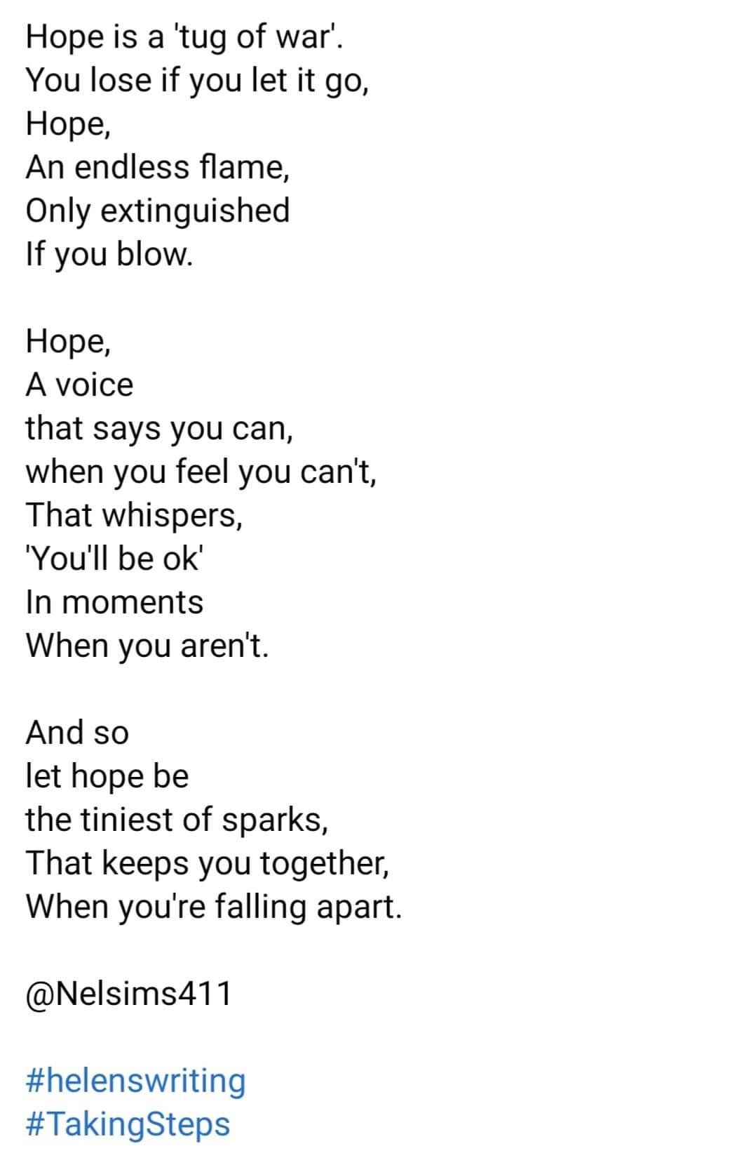 A JPeg of Helen's Poem - Hope - as featured in this Podcast