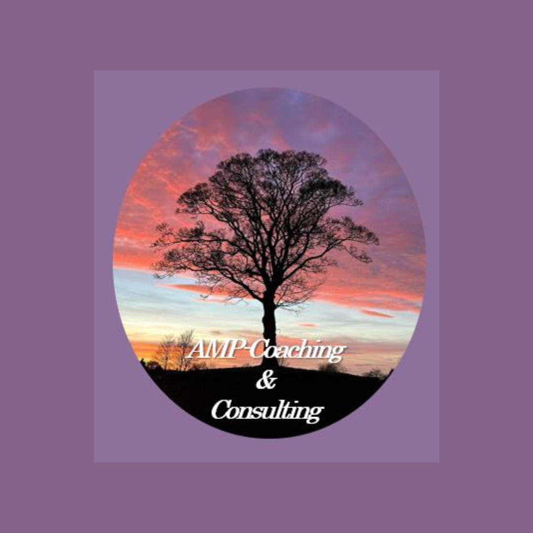 AMP Coaching & Consulting. Logo of a tree silhouetted by a vibrant sunset. 