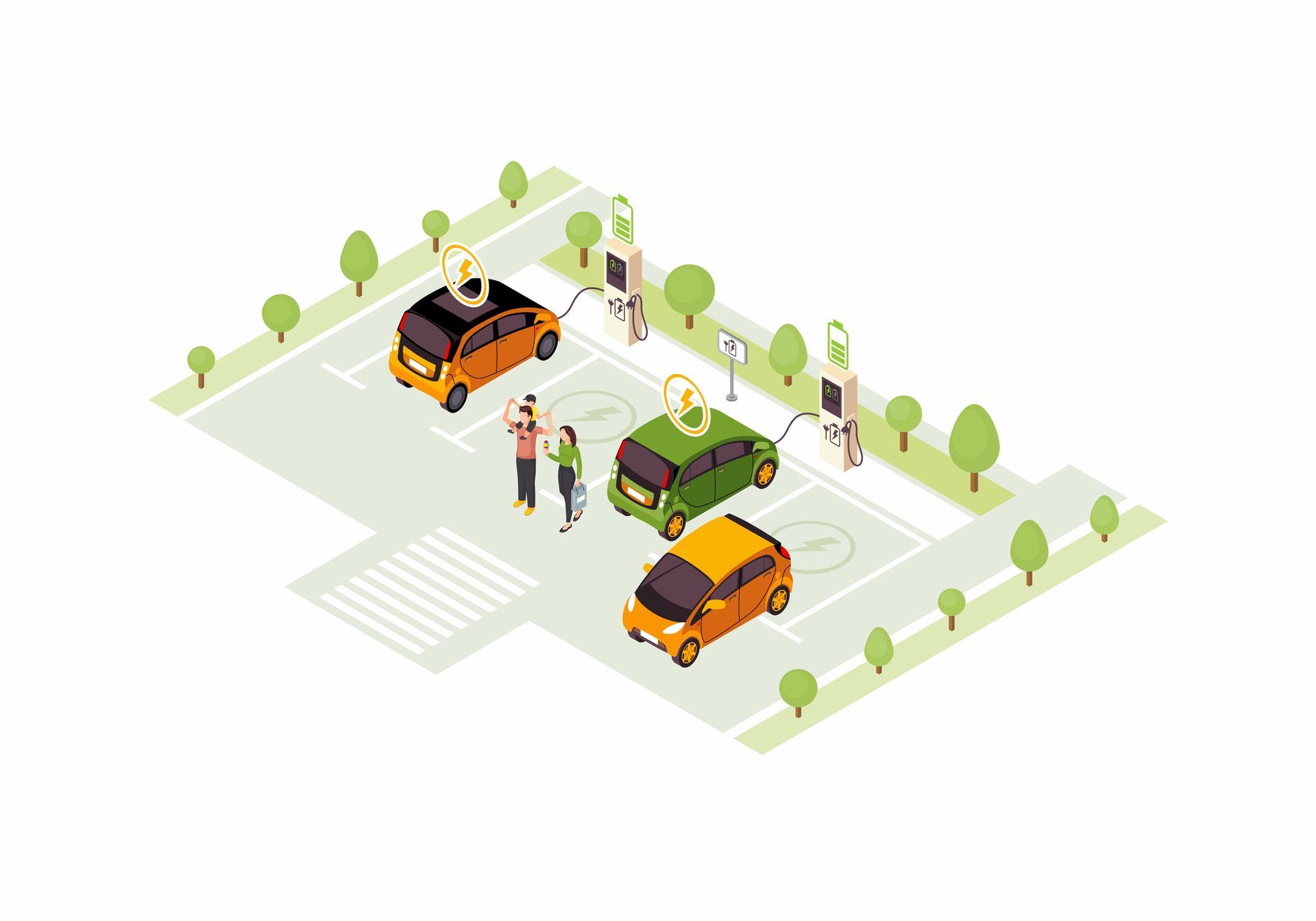 An illustration depicting a more accessible charging station, with stations flush to the ground. A family walks away from a charging vehicle.