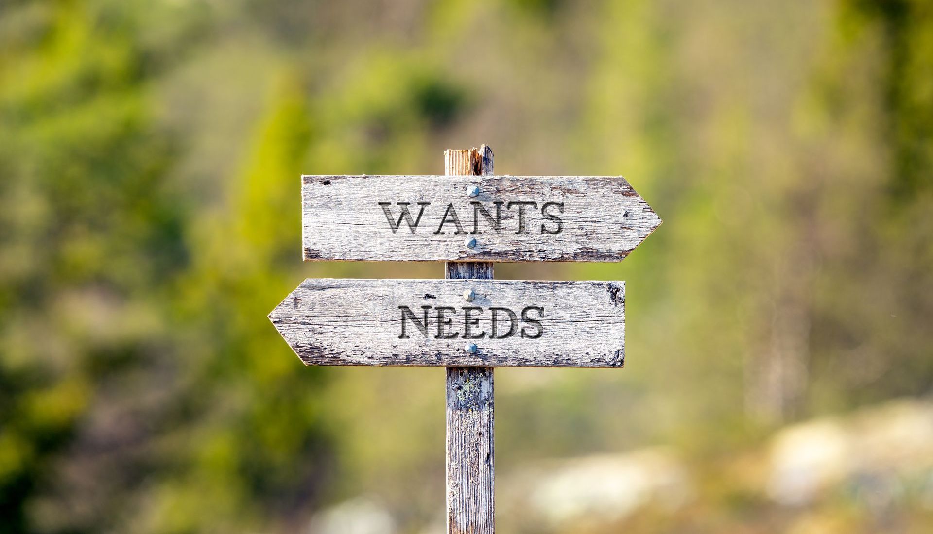 Photograph of a wooden post with two signs pointing in opposite directions, one labelled wants, and one labelled needs. 