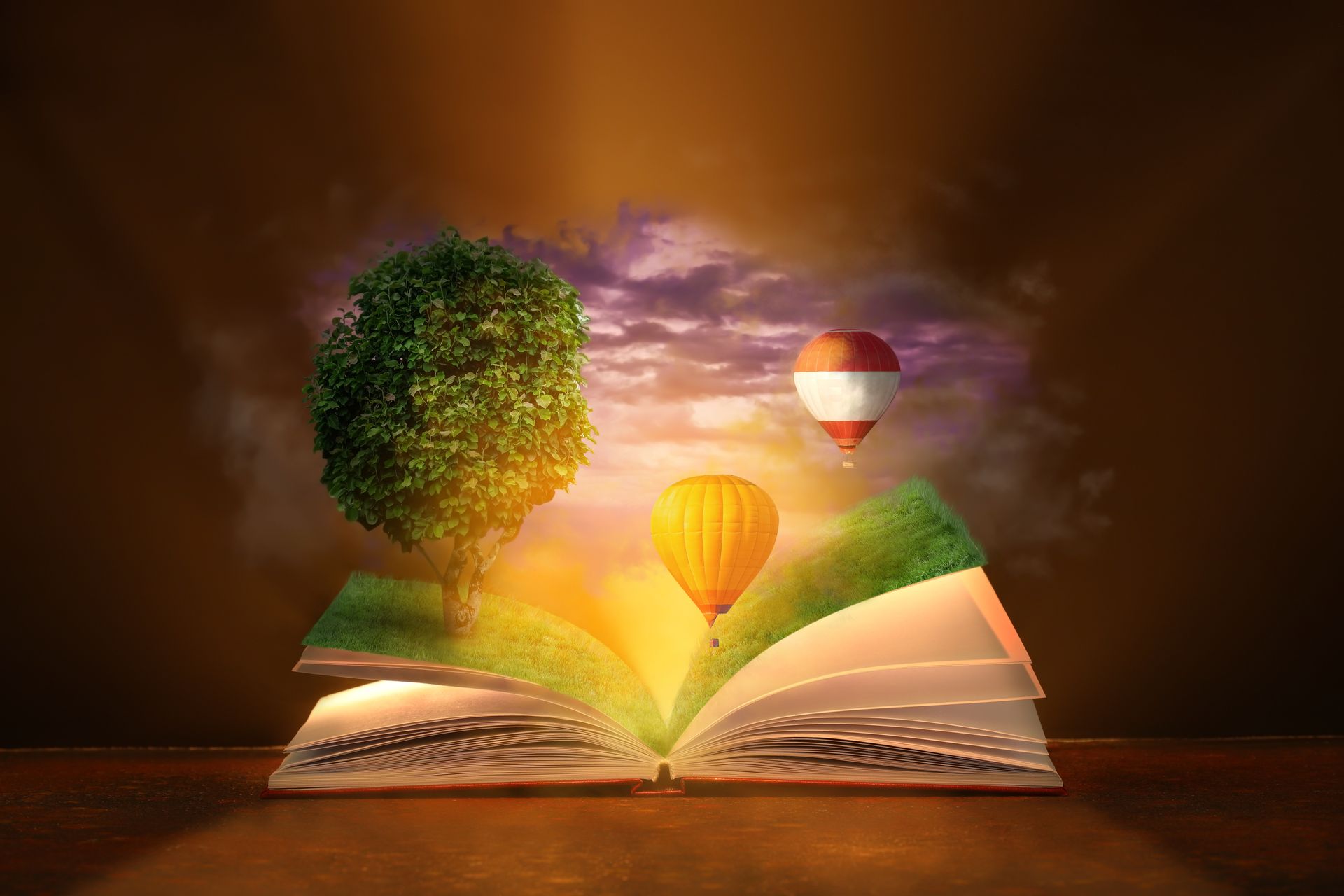 (Language & Conceptualisation) An open book sits on a table and hot air balloons and a sky float from its pages.