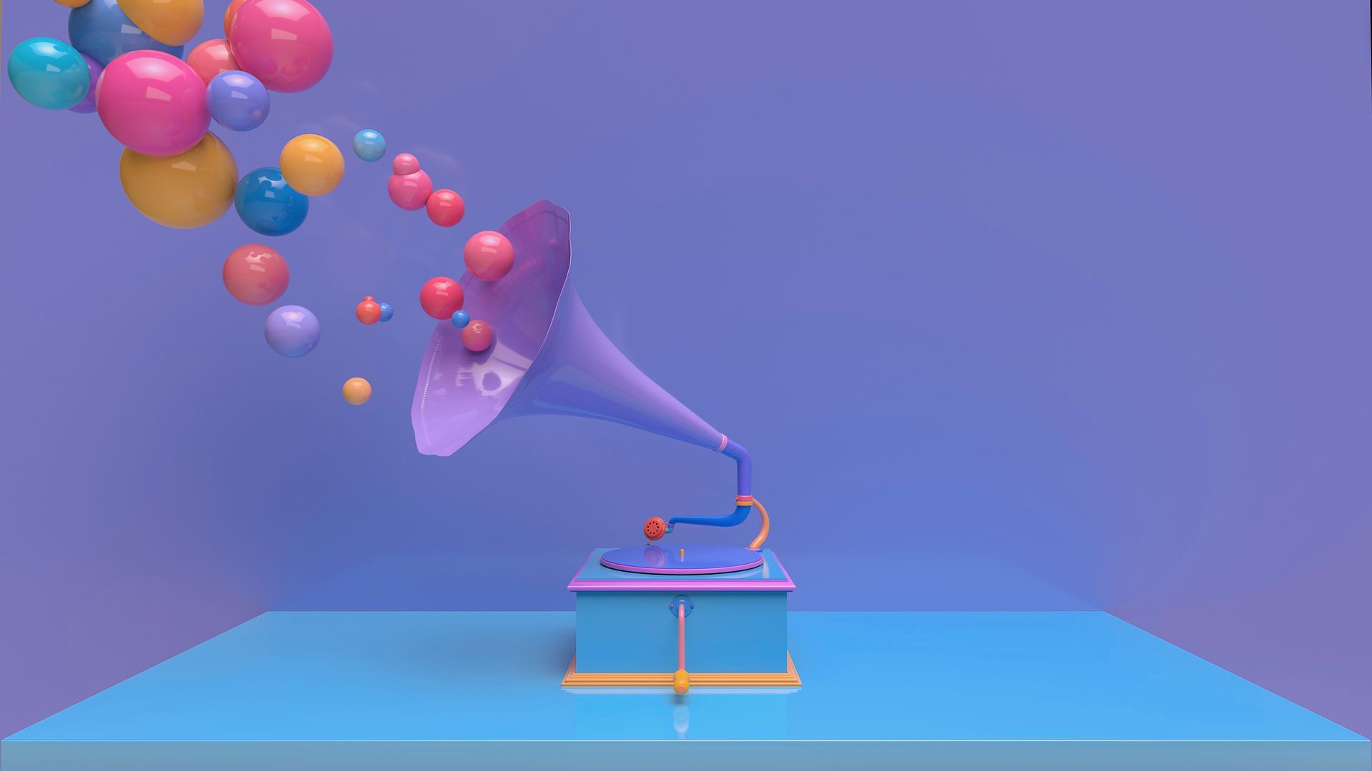 (Auditory Cues & Echolocation) Colourful balls float out of a gramophone as it plays a record.