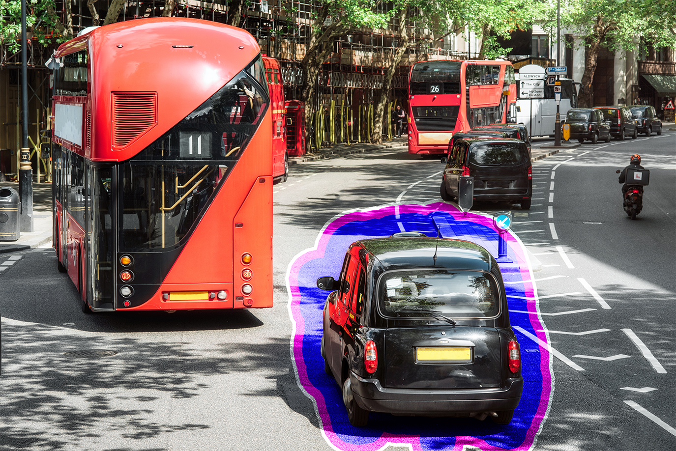 (Neural Mechanisms & Spatial Mapping) An aura to symbolise neural waves surrounds a London cab as it navigates the busy streets.