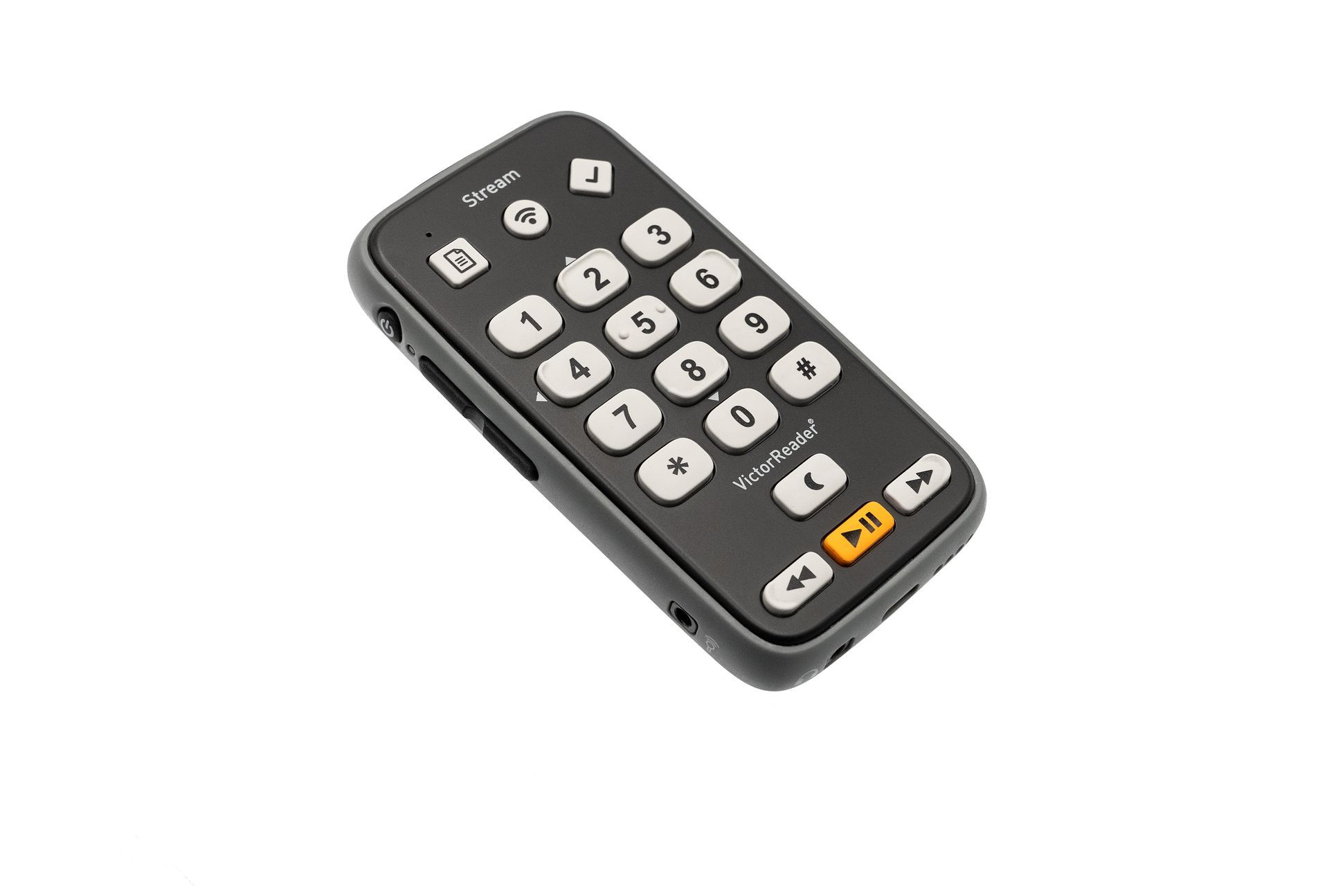 The Victor Reader, a sleek, compact device with a number pad and play/pause and rewind buttons.