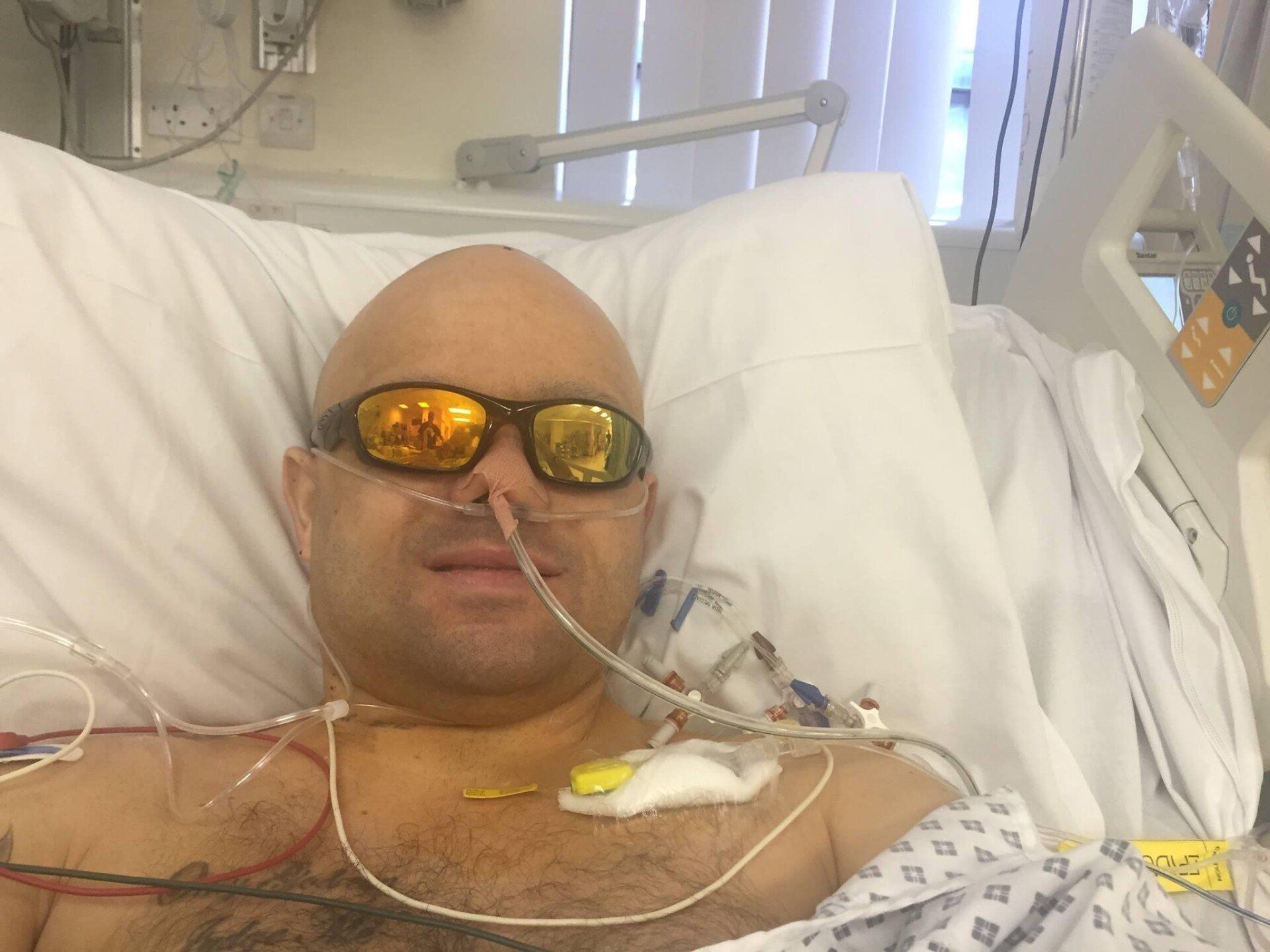 Wayne pugh in Manchester Royal infirmary just one day after major surgery with a transplant of a pancreas