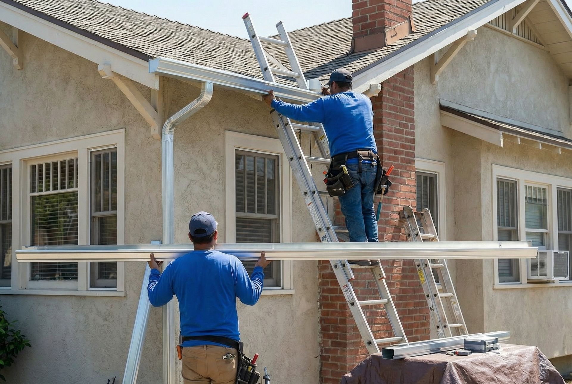 White rain gutter system on a gray house exterior, angled down to a drain pipe.