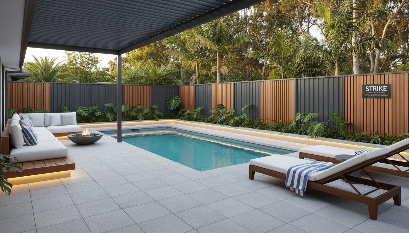 Outdoor Pool Area With A Lounge, Fire Pit, And Wooden Sunbeds By A Fence