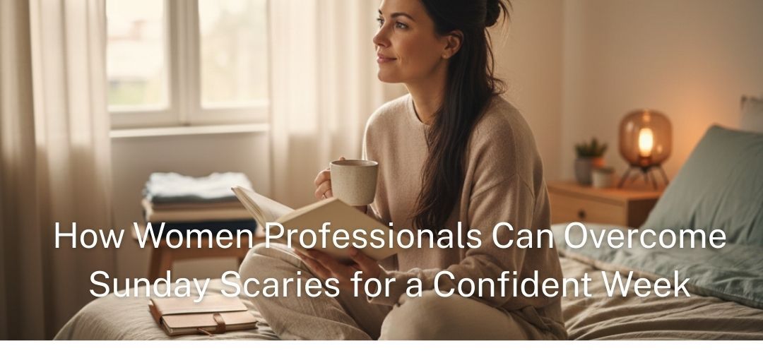Woman sitting in bed, reading a book, holding a mug. The text 