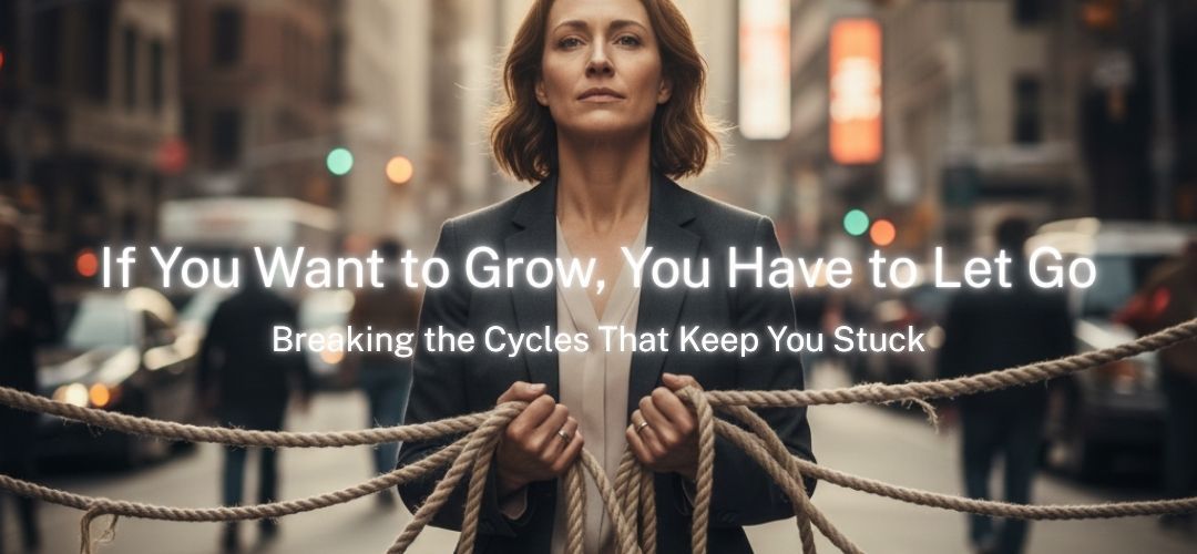 Woman holding ropes in a city street, text 