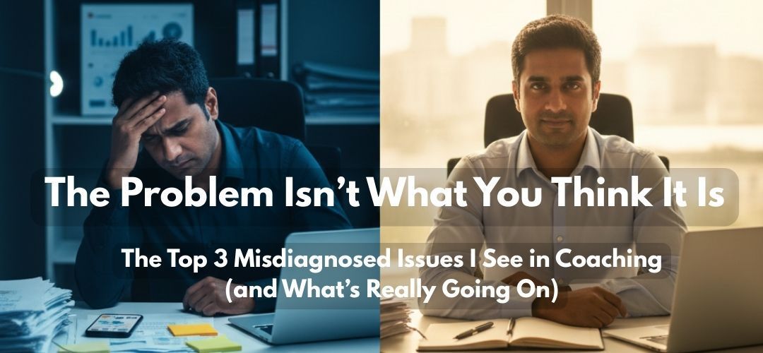 Split image: Man with head in hands at desk (left), man at desk looking forward (right). Text: 