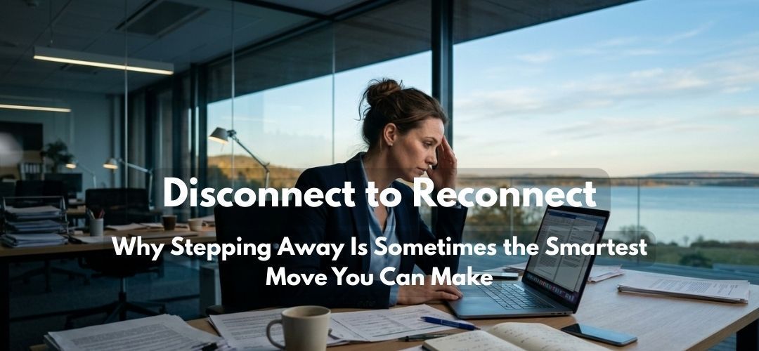A woman with a headache at a laptop in an office. A cup of coffee and papers are on the desk. Scenic view outside.
