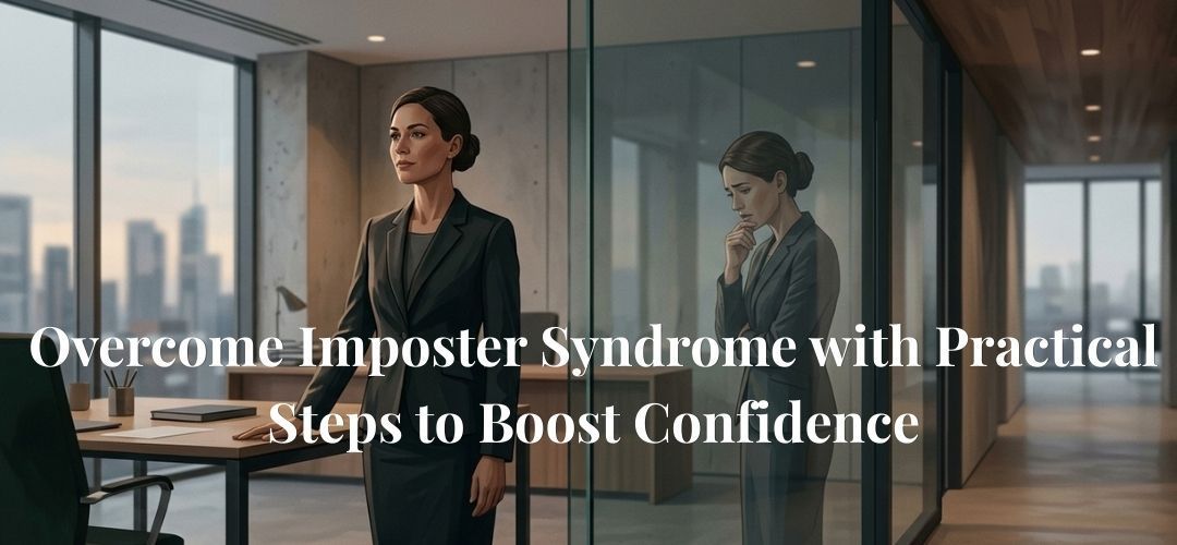 A professional in a suit stands in a modern office, reflected in a glass partition, with text about overcoming imposter syndrome.