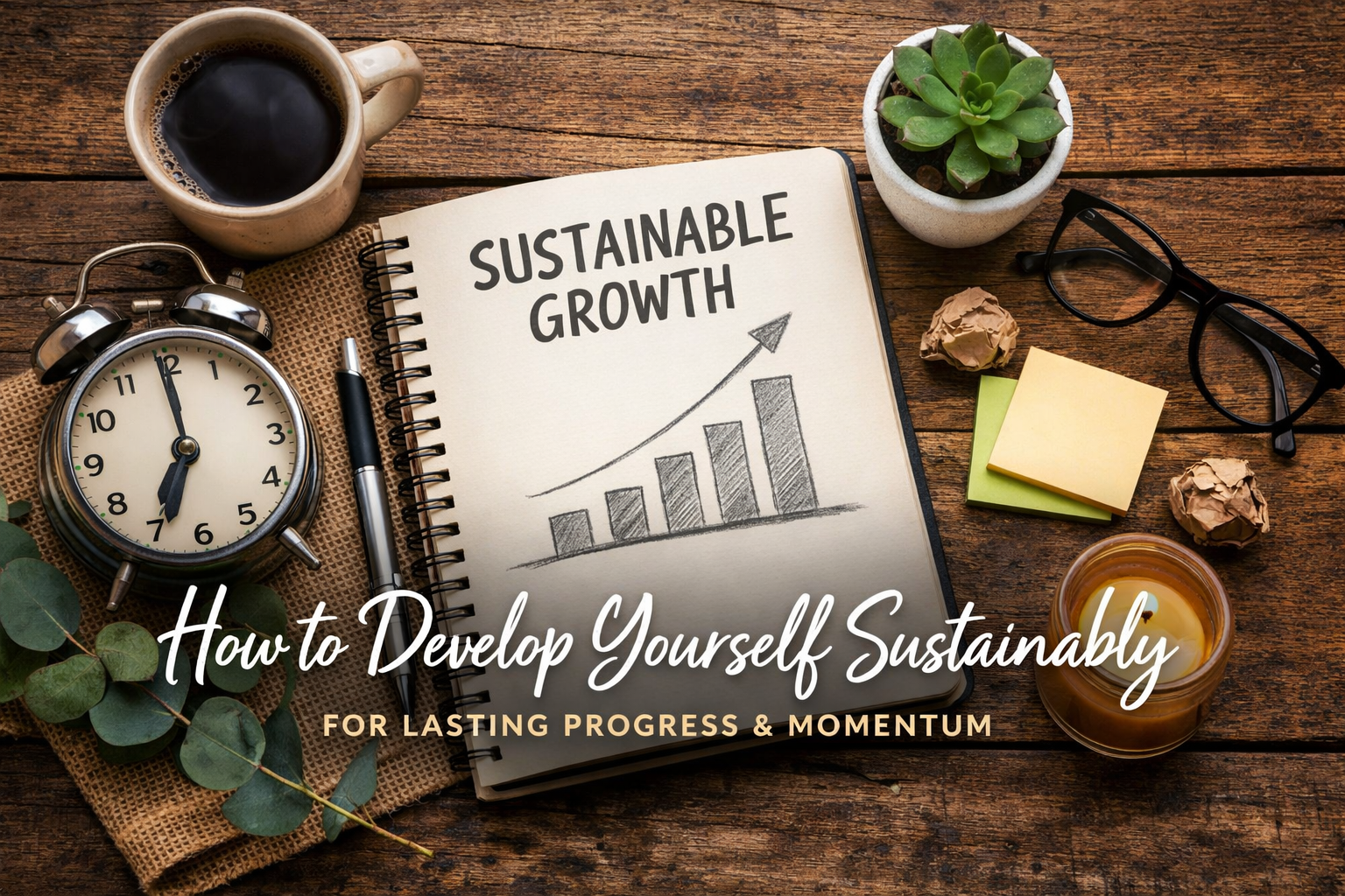 Desk scene with notebook reading “Sustainable Growth” and “How to Develop Yourself Sustainably,” plus coffee and plant