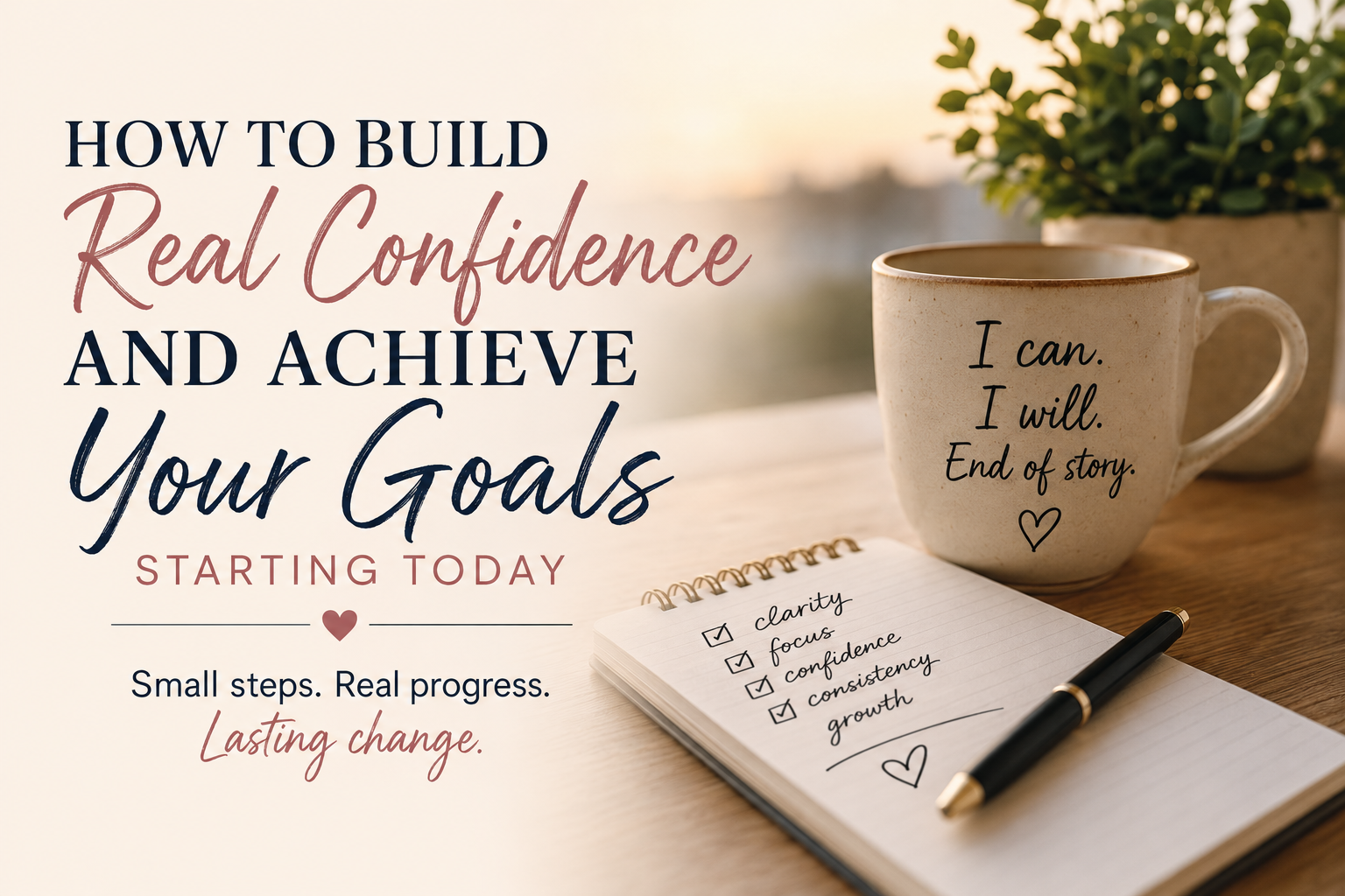 Motivational quote beside a coffee cup, notebook, and pen on a warm desk.
