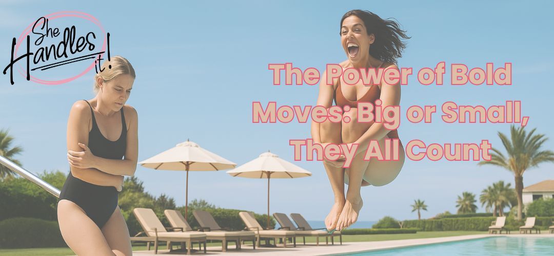 Two women at a resort pool—one cautiously dipping her foot into the water while shivering, the other joyfully mid-air in a cannonball—illustrating the contrast between small and big bold moves.