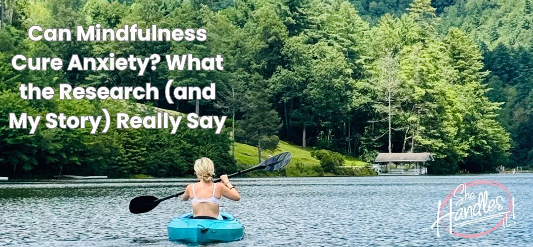 Woman kayaking alone on a calm lake surrounded by trees, symbolizing mindfulness and peace. Blog tit