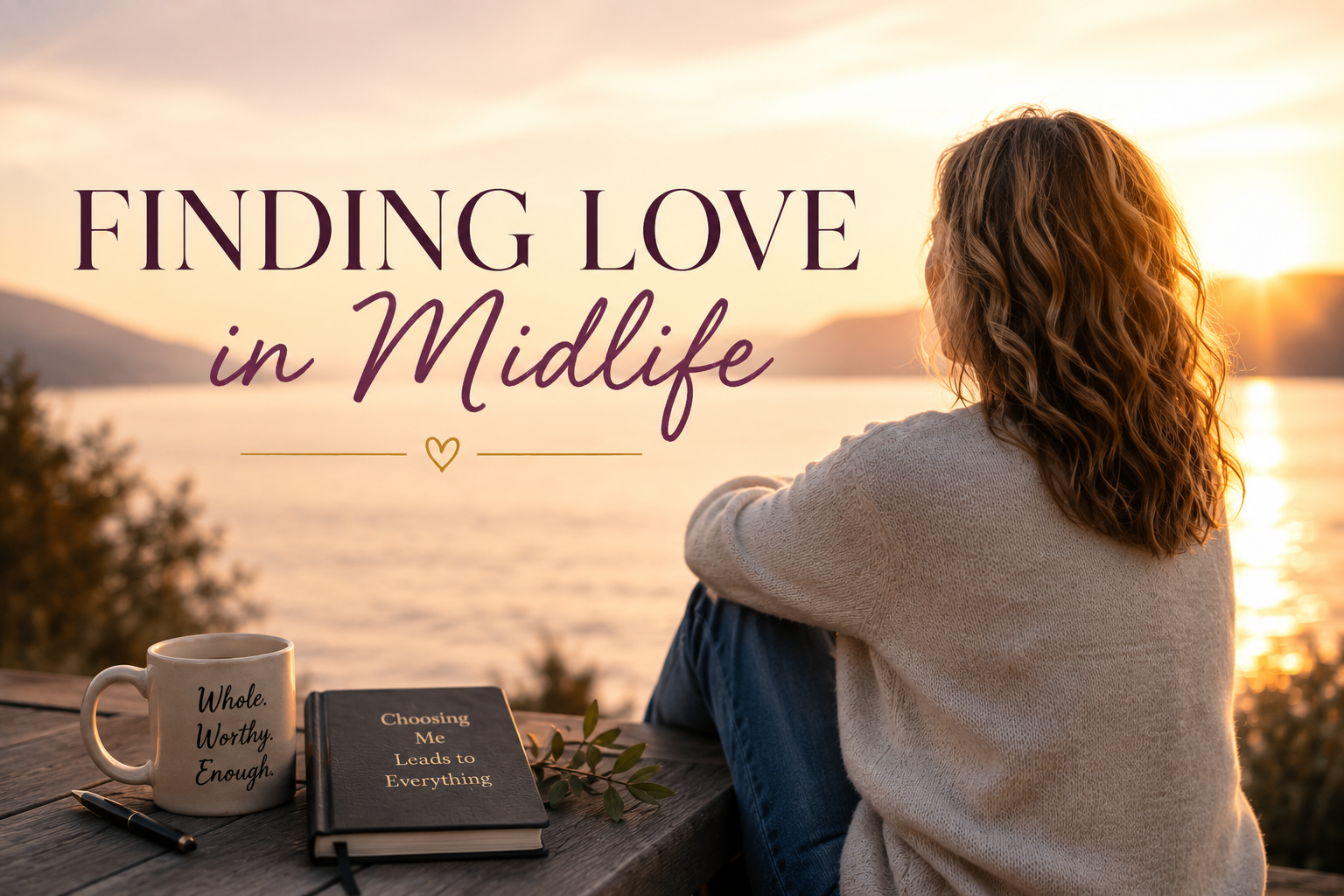 Woman by the sea at sunset with books and mug, overlaid text: “Finding Love in Midlife”