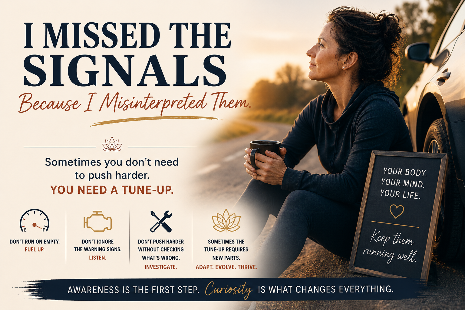Woman in profile beside a chalkboard sign, with text about missing signals and needing a tune-up.